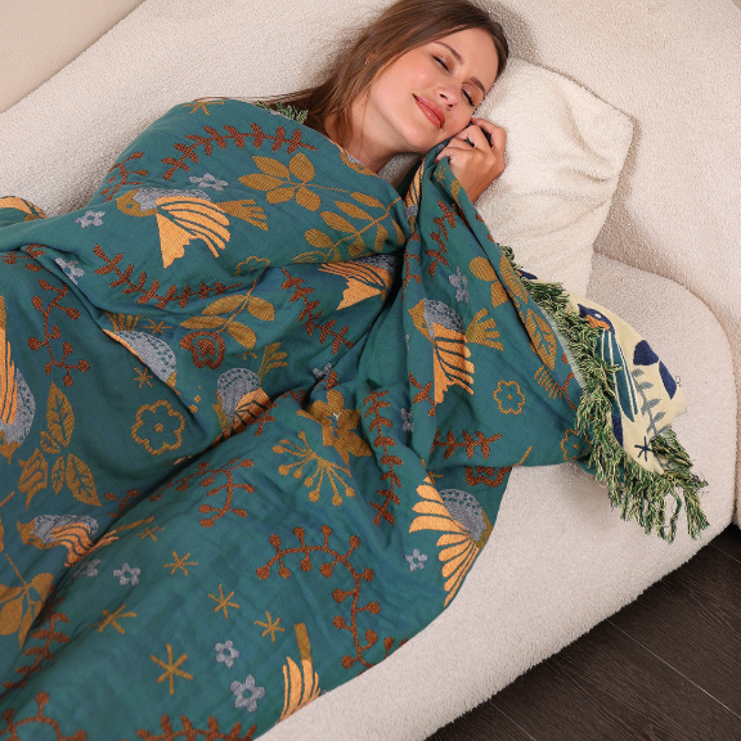 Plaid Reversibile Stile Scandinavo Motivi Uccelli 